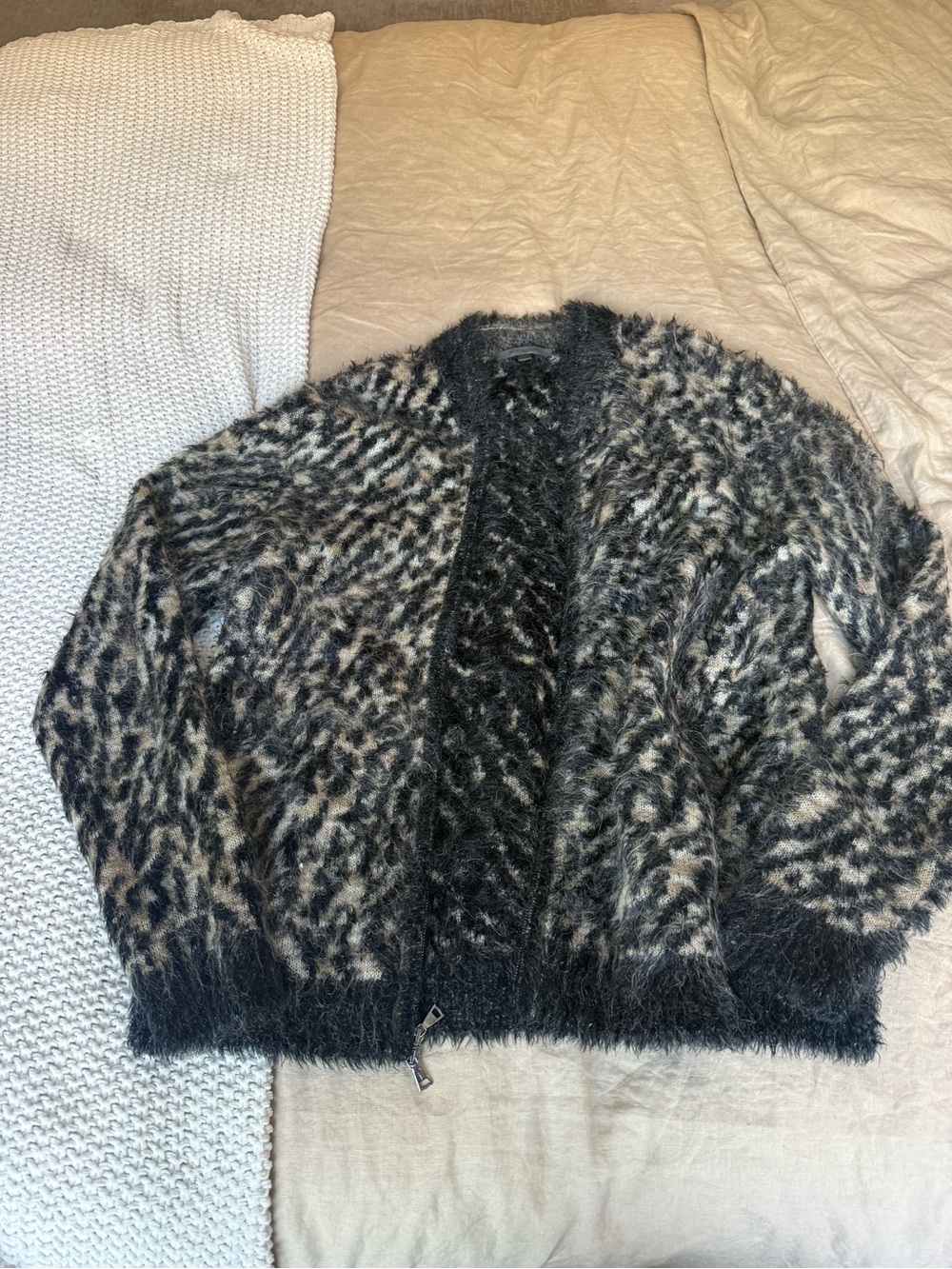 John Varvatos Black & Cream Fuzzy Leopard-Print Open Cardigan